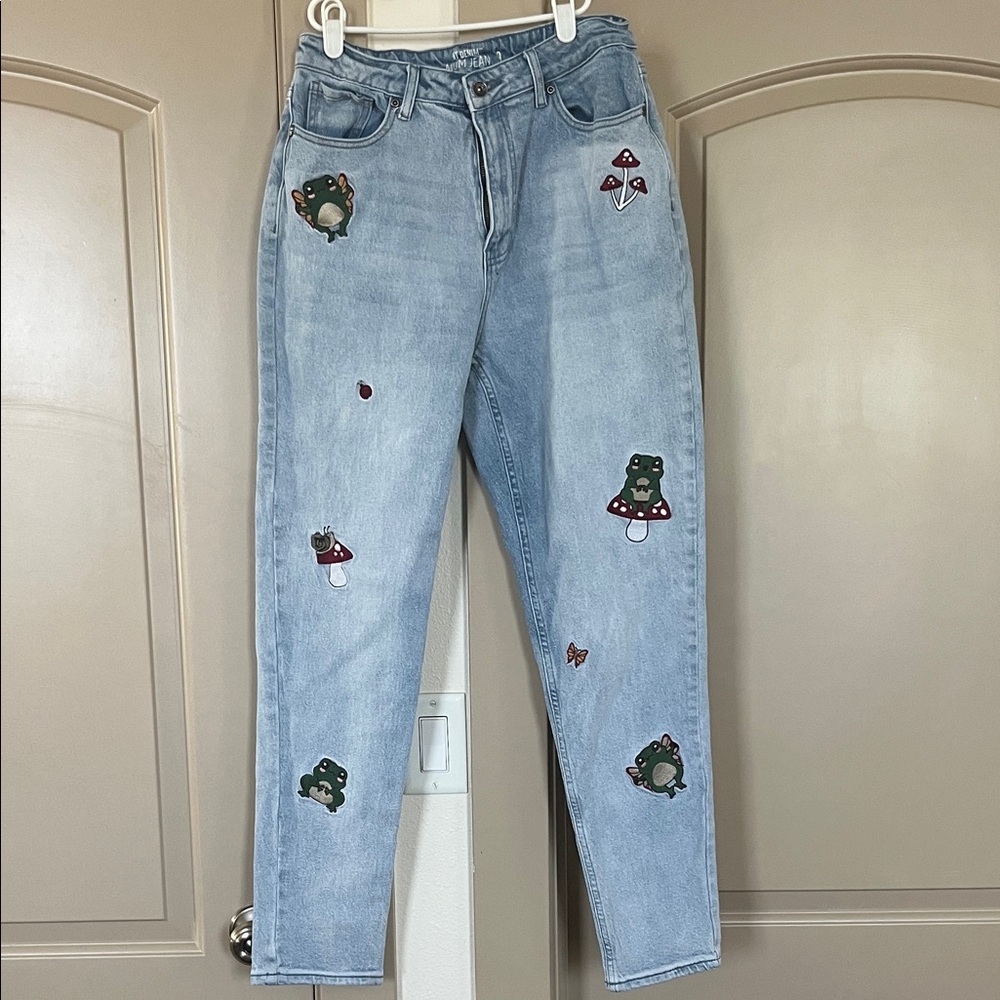 Embroidered Light Blue Straight Leg Jeans